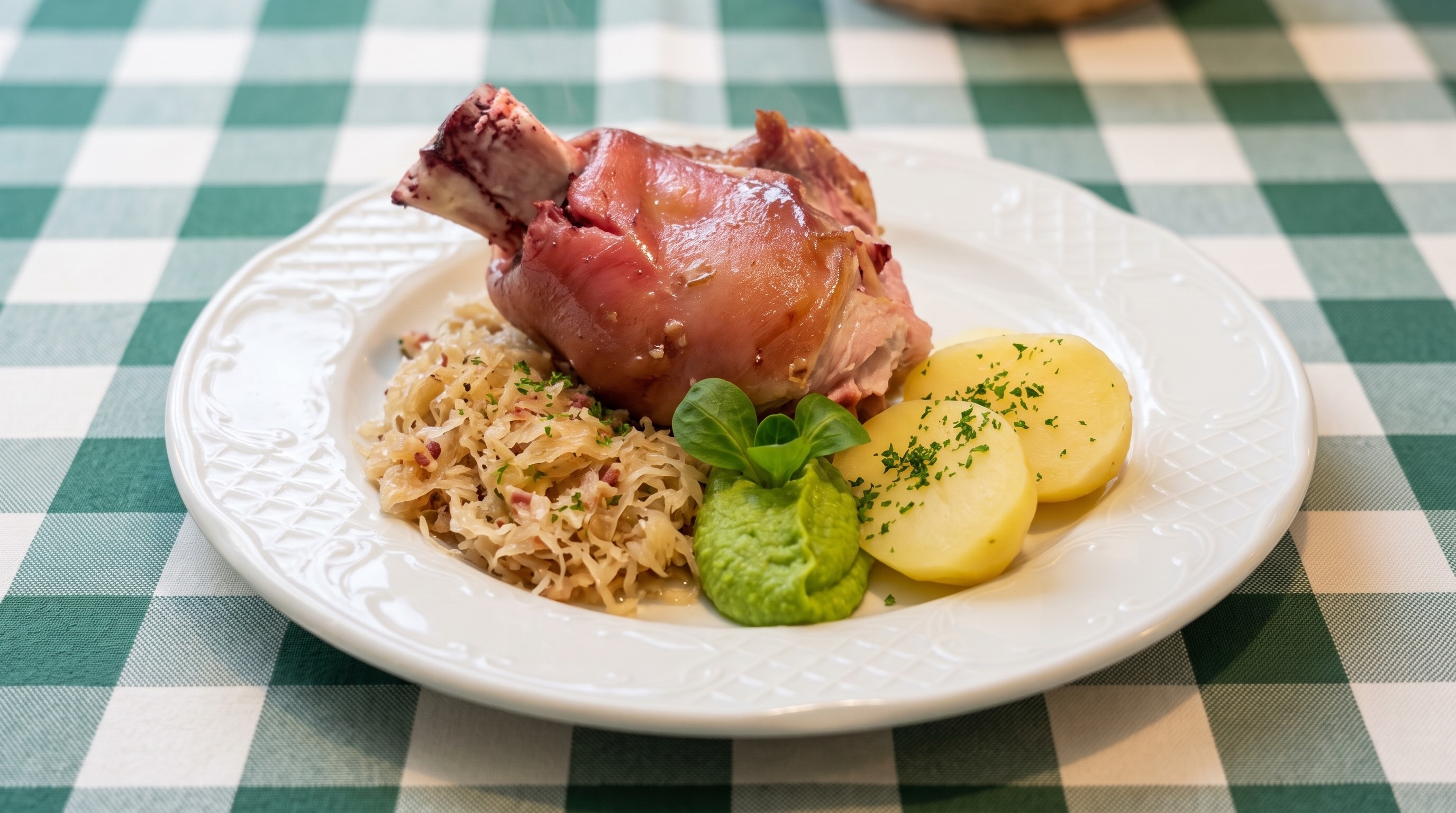 Großes Berliner Eisbein mit Sauerkraut, Erbspüree und Petersilienkartoffeln